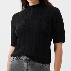 Gap Pointelle Knit Mockneck Sweater Black Short Sleeves Cotton Fisherman Knit XS
